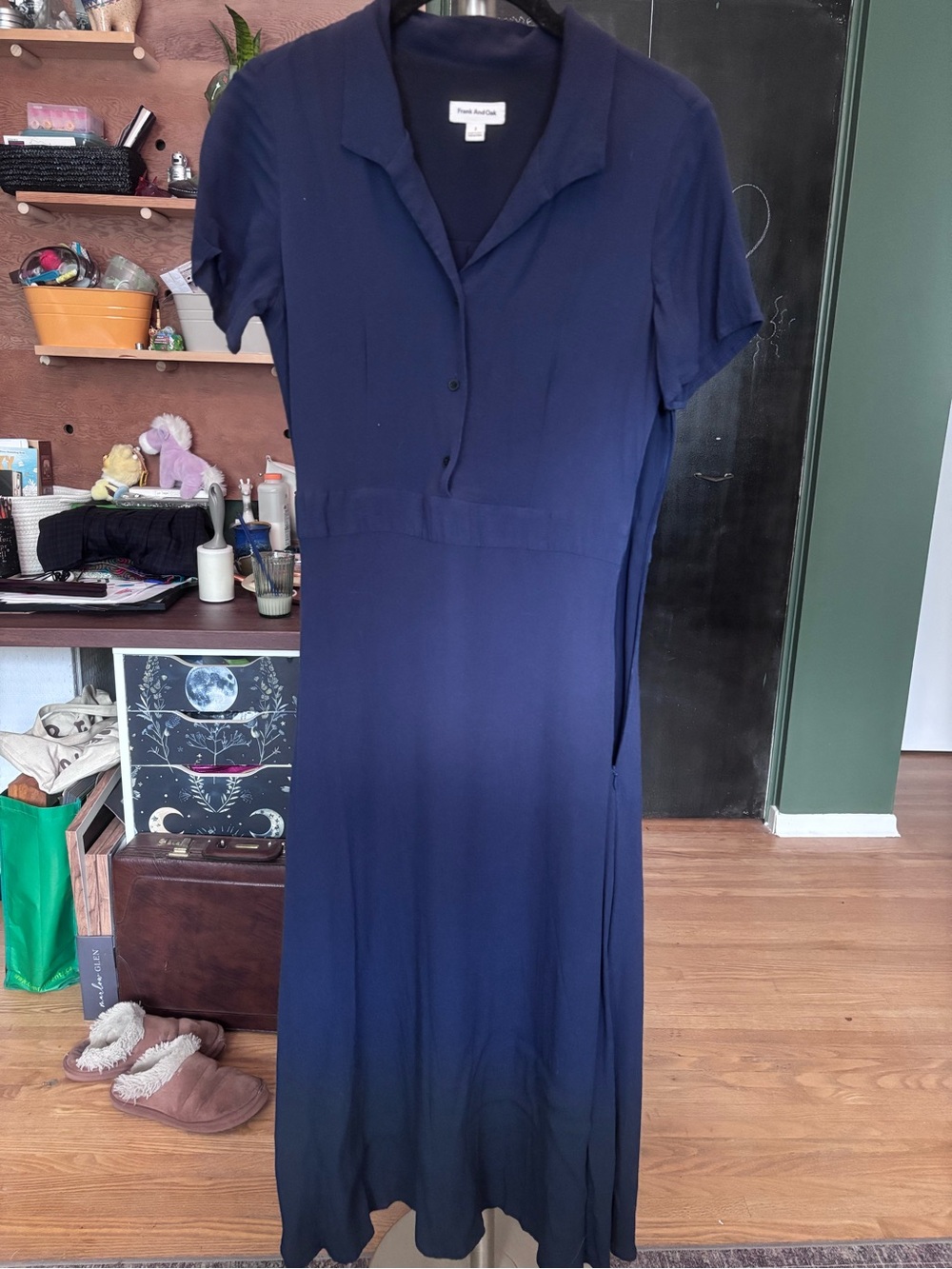 Frank & Oak Navy Short-Sleeve Button-Front Maxi Dress